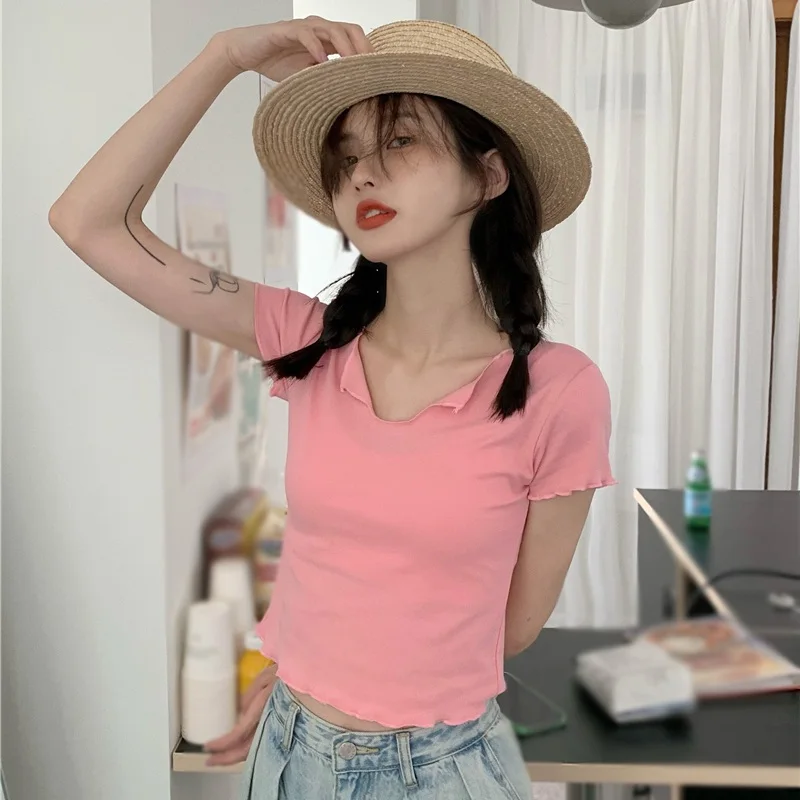 

Women V Neck T-shirts Soild Color Female Slim Tops Summer Short-Sleeved T-Shirt