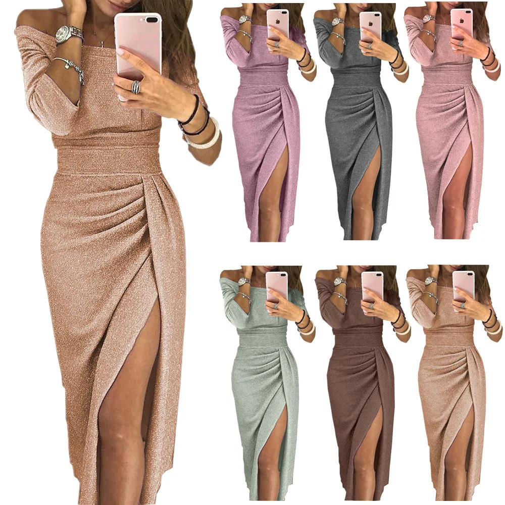 

2018 Autumn Party Shiny Bodycon Dress Dinner Women Female Off Shoulder Sexy Ruched Thigh Slit Dress Plus