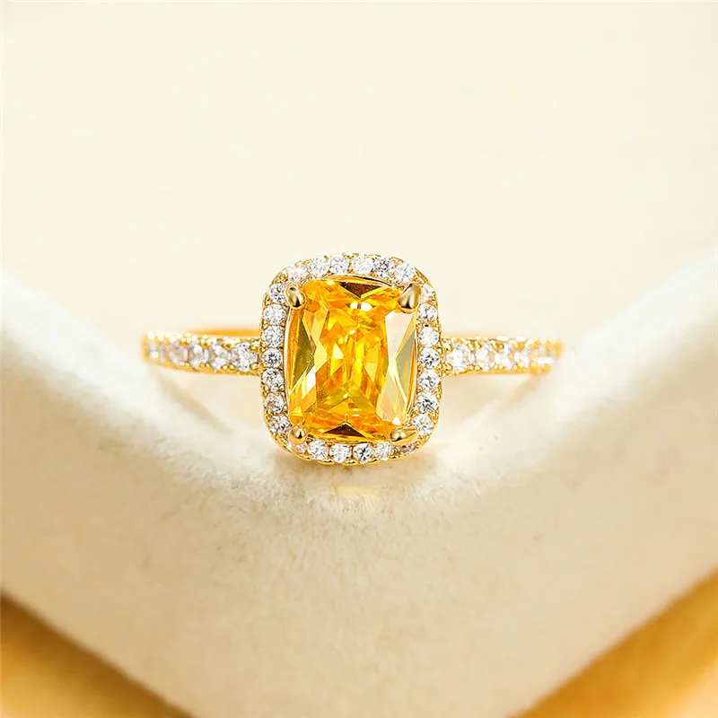 Кольцо обручальное женское с желтым хрустальным камнем роскошное ювелирное