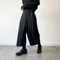 waist tie culottes men harajuku streetwear trend fashion loose casual black wide leg kimono pants man skirt trousers