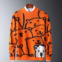 mens autumn casual sweaters polar bear pattern trendy slim sweaters cotton long sleeve round collar male warm pullovers orange