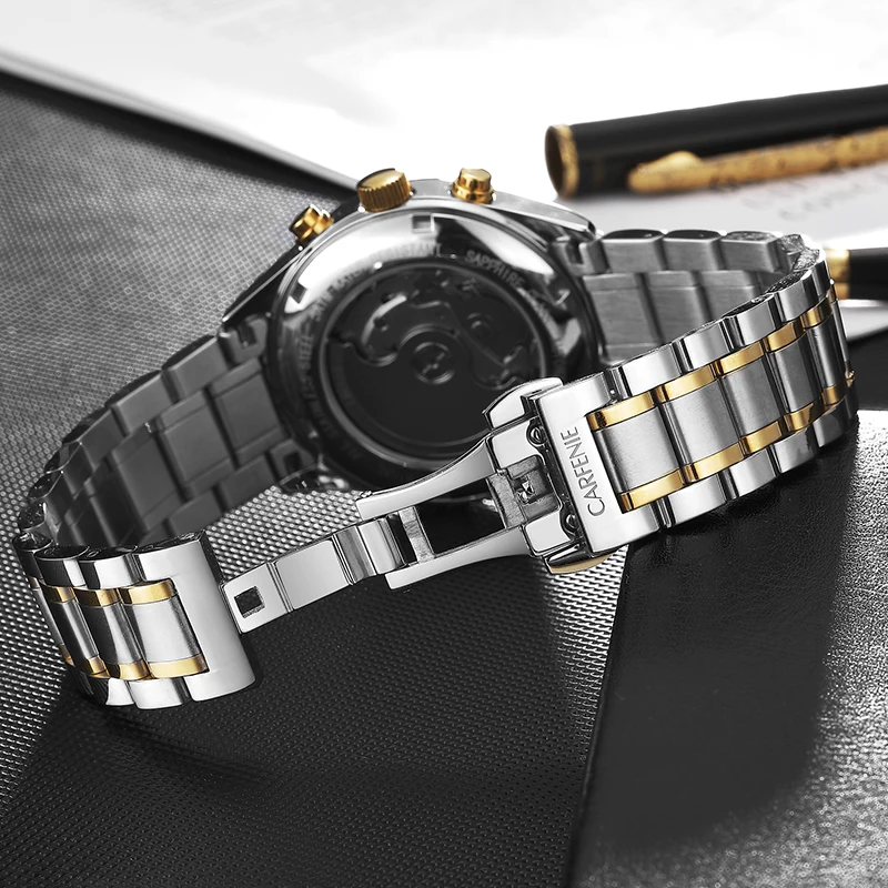 

CARFENIE Business Watch Men Auto Mechanical Mens Wataches Top Brand Luxury Golden Steel Band HIP HOP Punk Wristwatch