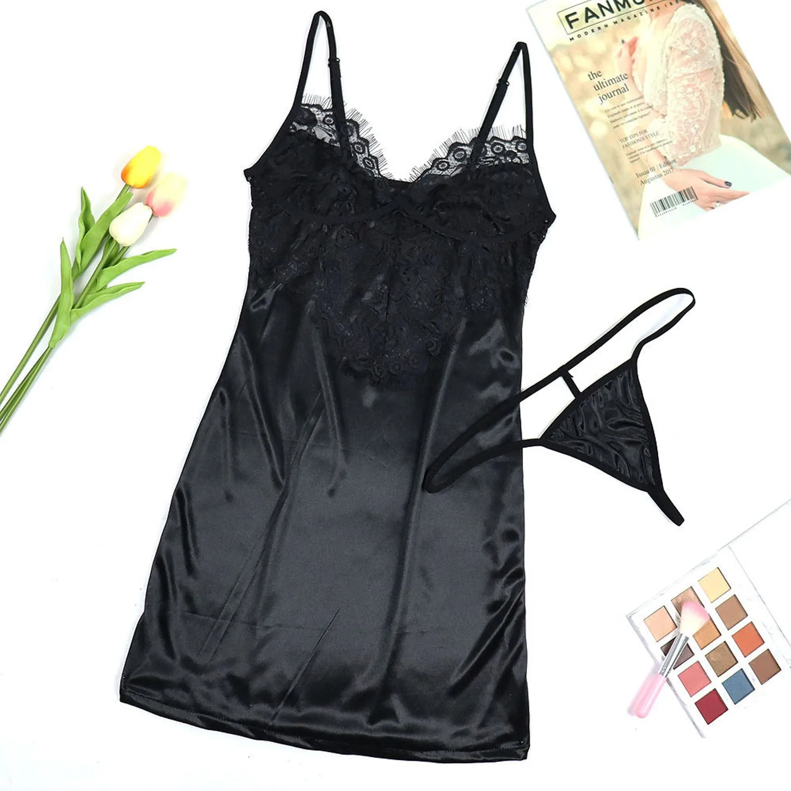 

Women's underwear Sexy Lace Black Lingerie Thong Set Ladies Casual Sleepwear Nightdress Backless Pajamas нижнее беле женское