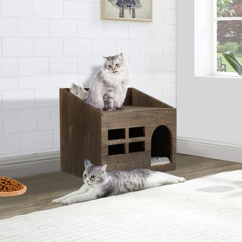 “Durable Wooden Cat Cave Bed with Cushion Pad