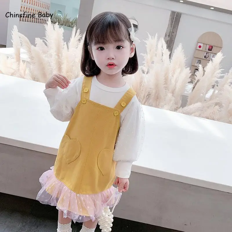 

Girls' Solid Color Dress Set Fall 2020 New Bubble Sleeve T-shirt + 2-piece Backpack Skirt Children's Wear