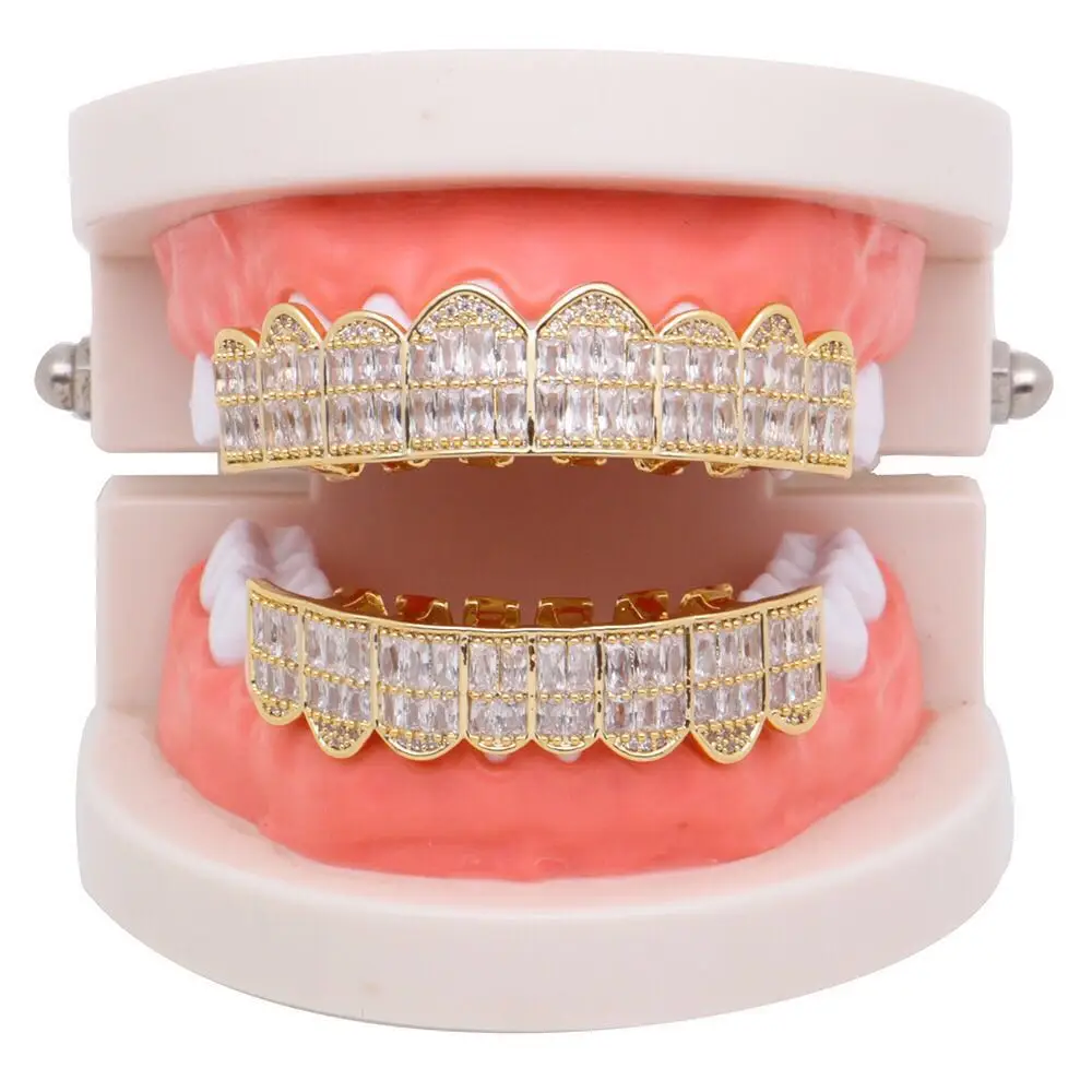 Shining Hip Hop Grillz Iced Out CZ Fang Mouth teeth grills Caps Top &amp Bottom tooth Set Men Women |