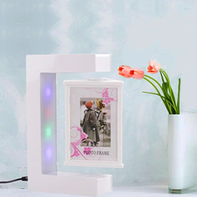 E Shape Magnetic Levitation White Floating Photo Frame with Colorful LED Lights for Girl Friend Birthday Gifts Home Decoration