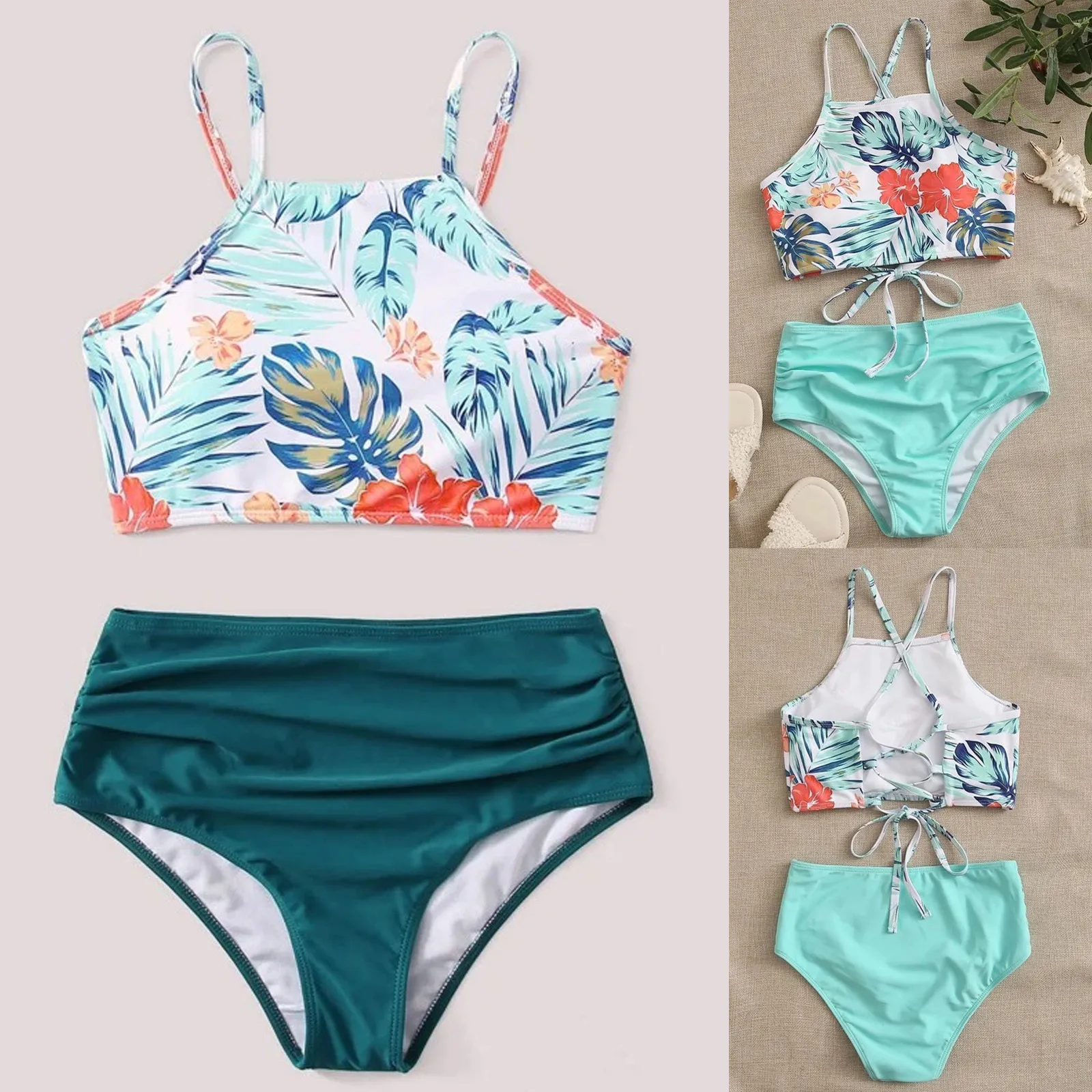 

Ruched Bikini Set Plant Print High Waisted Swimsuit 2021 Push Up Swimwear Sexy Backless Hollow Bathing Suit Female A50