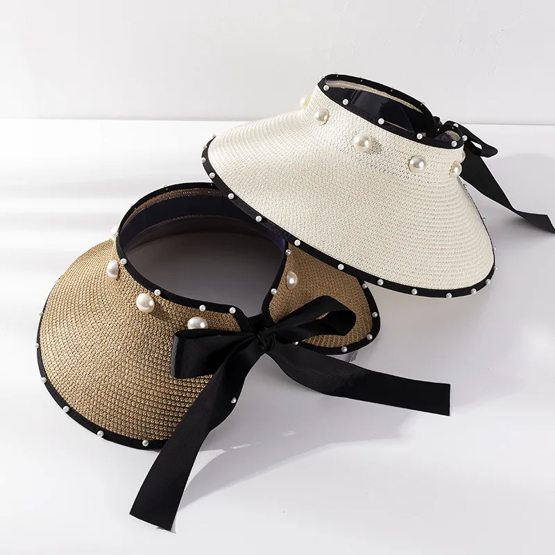 

Women's Summer Hat Sun Visor Pearl Decoration Bow Empty Top Wide Brim Hat Sun Protection Cap Female Sun Hats Beach Hat Straw Hat