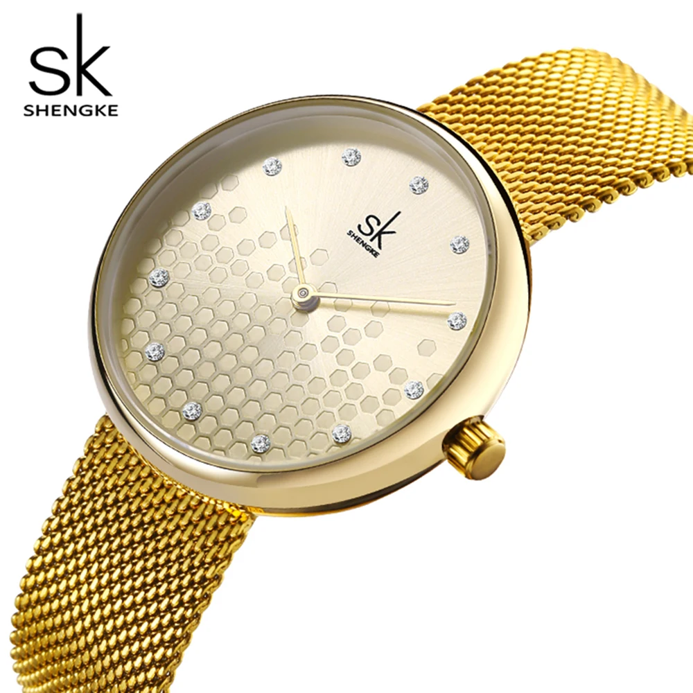 

Shengke Woman Watches Golden Top Brand Luxury Watch Rhinestones Mosaic Hardlex Dial Women Waterproof Quartz Wristwatch SK006