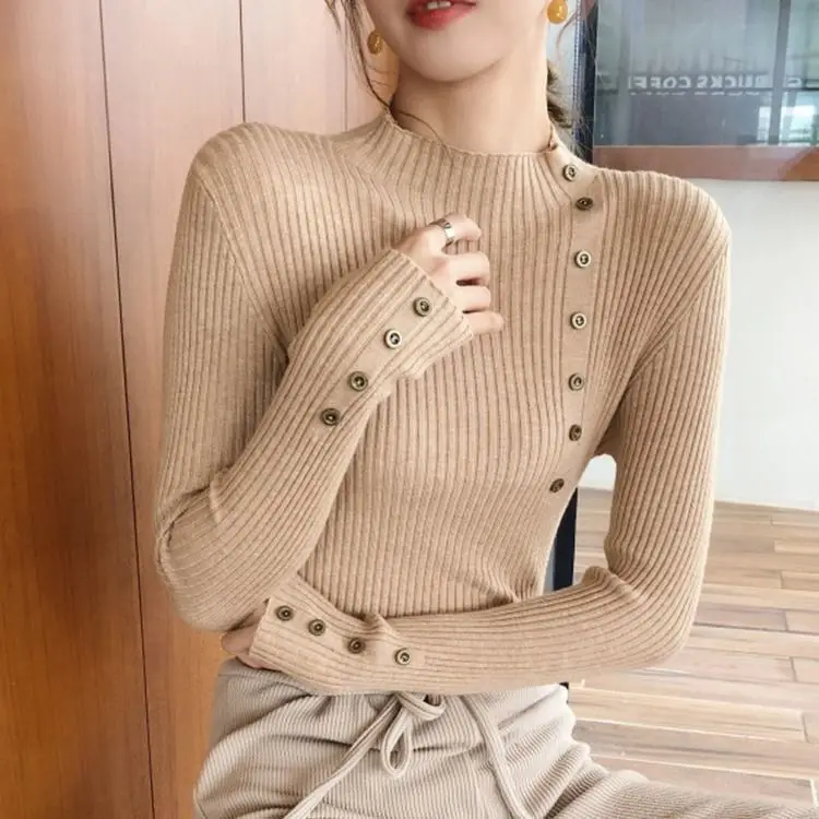 

Jumper Women 2020 Fall Winter Korean Style Buttons Half Turtleneck Long Sleeve Knitted Sweater Pullover Slim Basic Knitwear T529