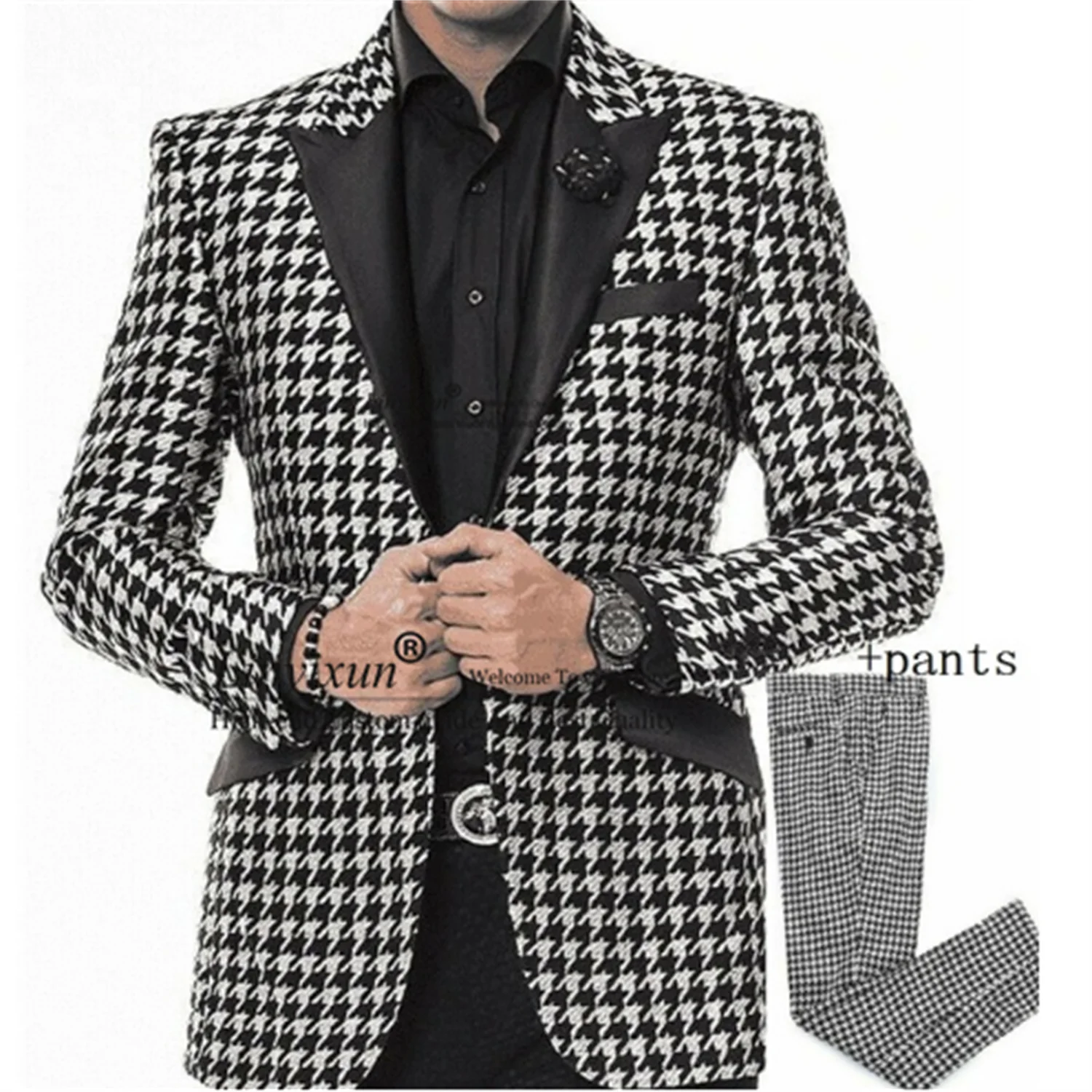 

Houndstooth Plaid Black Men's Slim Fit Suit Peaked Lapel Wedding Groom Tuxedo 2 Pieces Classic Traje Hombre Jacket Pants Ternos