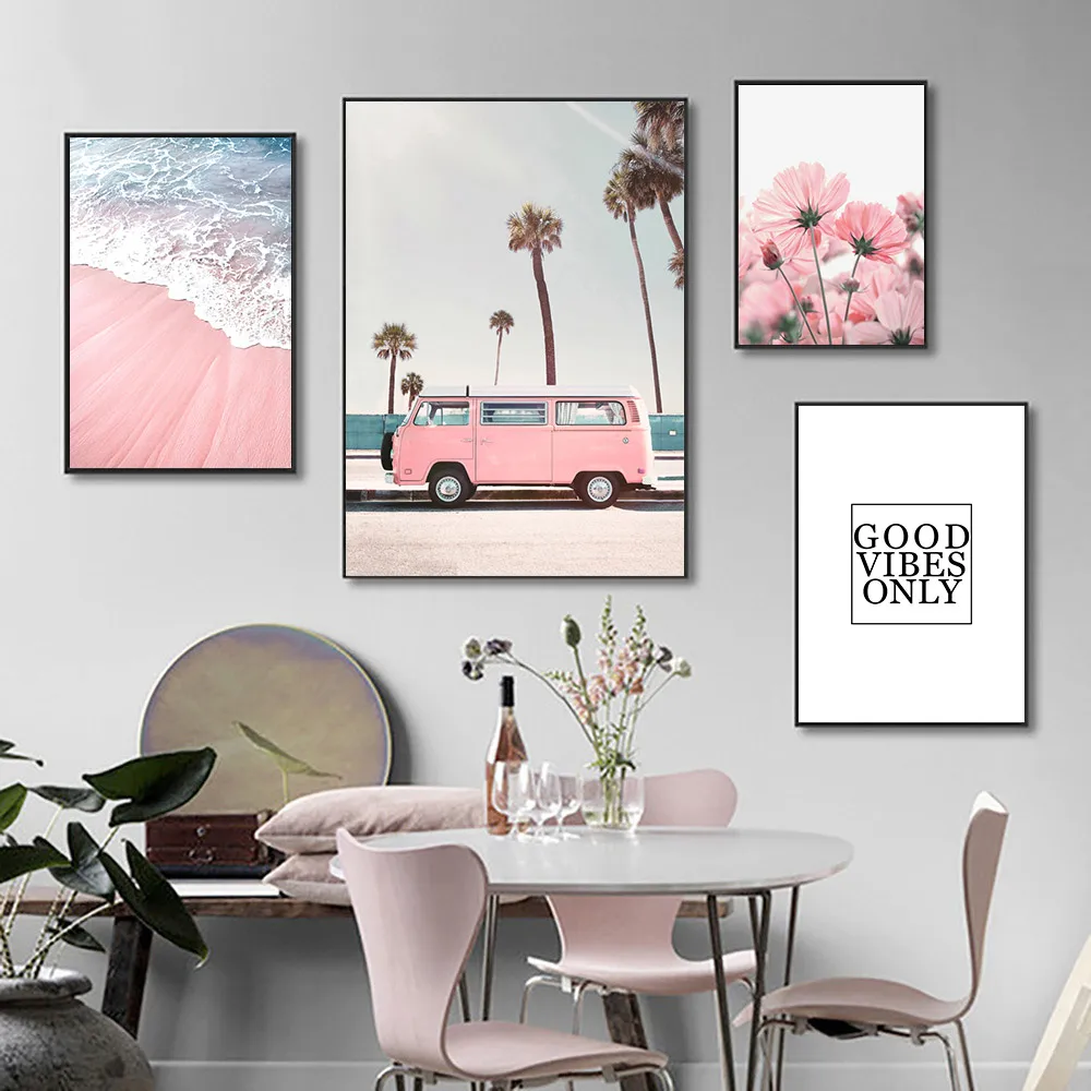 Абстрактные плакаты и принты розовые цветы зеленые растения пляж плакат печать