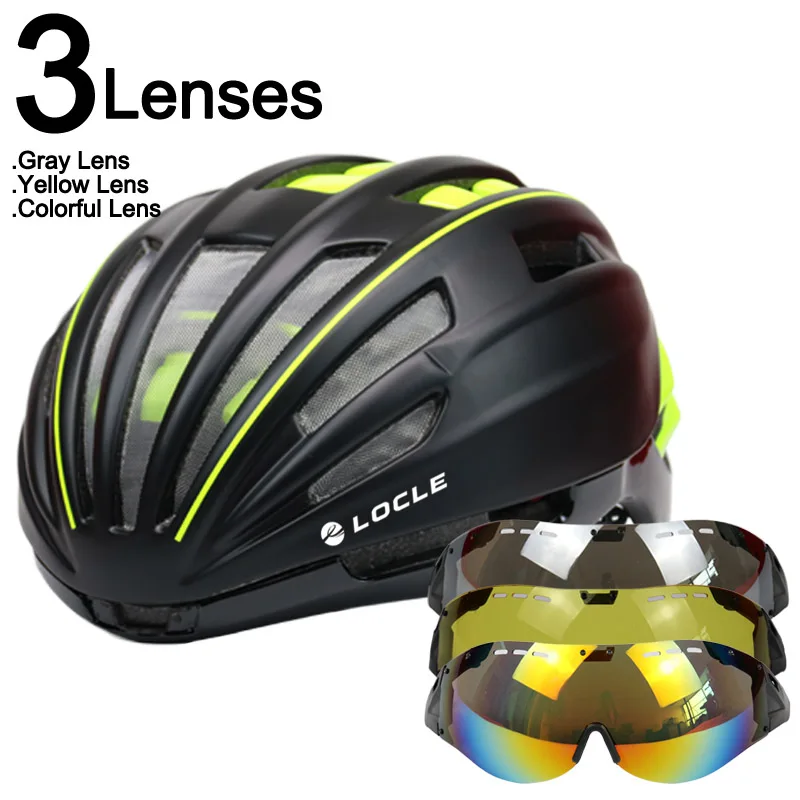 LOCLE Goggles велосипедный шлем двухслойный дорожный горный велосипедный шлем с линзой ультралегкий Casco Ciclismo велосипедный шлем 55-61 см - Цвет: Black Green 3 Lenses