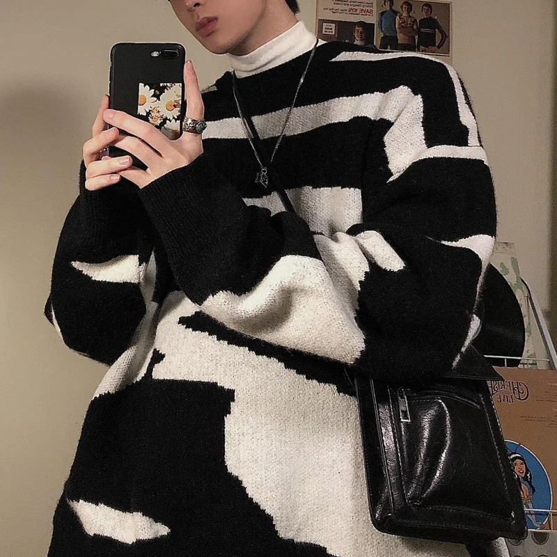 

Round Neck Sweater Men Fall Winter 2021 New Korean Fashion Trend Pullover Long Sleeve Harajuku Sweater Oversize Couple Top
