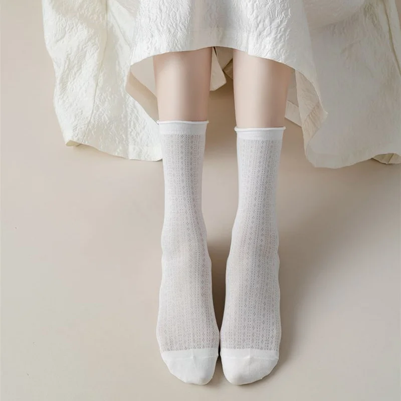 

Summer Women Mesh Cotton Solid White Khaki Hollow Socks Breathable Casual Thin Harajuku Kawaii Crew Cute Socks