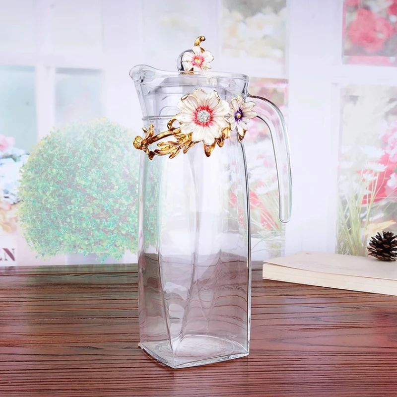 

Red rose Enamel Crystal Flower Glass Teapot for Hot and Cold Drinks 1300ml Home Drinkware Office water kettle Tea set coffee pot