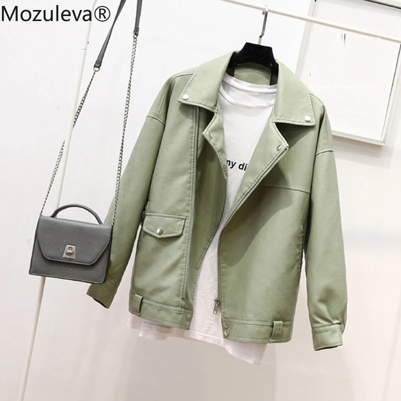 

Mozuleva Autumn Faux Soft Leather Pu Jacket Women Loose Punk Coat Female Turndown Collar Moto Biker Rivet Zipper Street Overcoat