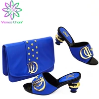 2021 fashion new coming hot sale italian women shoes matching bag in royal blue color comfortable heels for garden party
