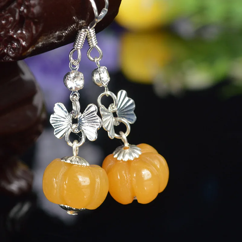 Серьги из натурального нефрита в виде тыквы с 925 искусственными ювелирными