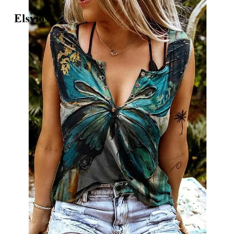 

2021 летнее элегантное платье с v-образным вырезом рубашка без рукавов, женская блузка в винтажном стиле; С принтом «бабочка», топы, Женская Се...