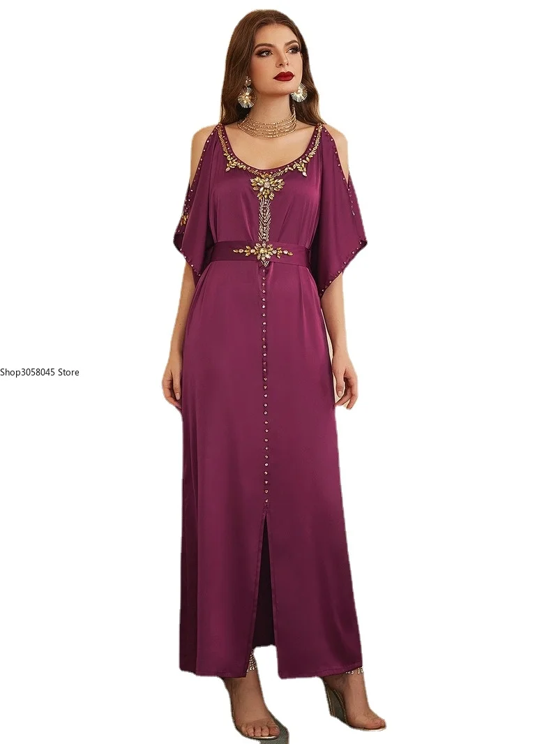 Middle Eastern Party Festive Dress Long Luxury Satin Hand Stitch Diamond Abaya Cold Shoulder Dubai Arabic Clothing Rose | Тематическая