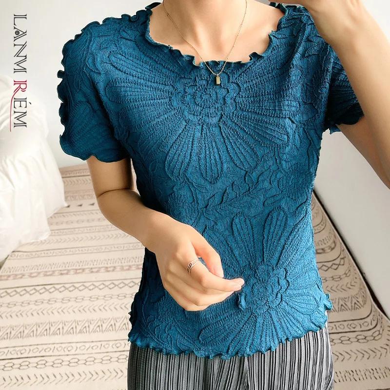 

LANMREM Pleated Top Women's Short Sleeve Round Neck 2021 New Slim Fit And Versatile T-shirt Loose Top Female Casual 2C2097