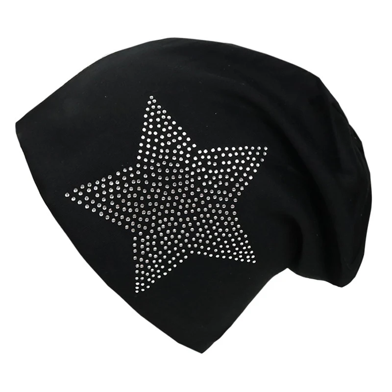 ELIfashion Модные Стразы Блеск Шапки Для женщин Зимняя вязаная Кепки s Big Star эластичный Для женщин шляпа Женская хлопковая Кепки 5 цветов - Цвет: black
