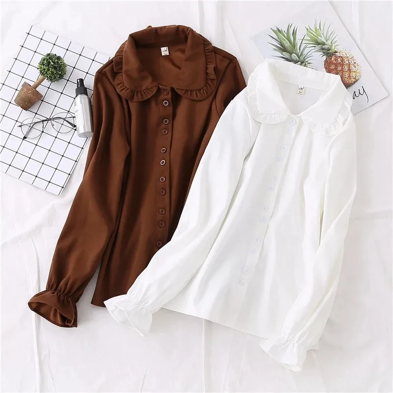 

Korean Autumn New Chic Solid Women Shirts Long Sleeve Big Size Fashion Ruffles Loose Tops Peter Pan Collar Button Elegant Blouse