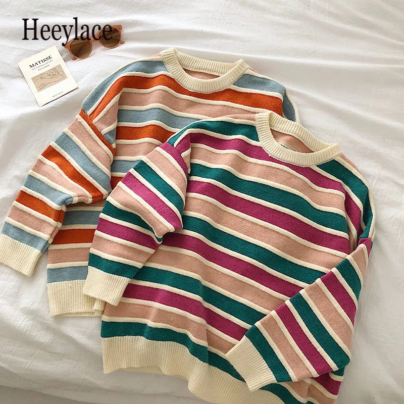 

2021 Women Stripe Sweater Autumn Winter Loose Long Sleeve Pullover Tops Korean Ladies Knitted Patchwork Korean Sweaters