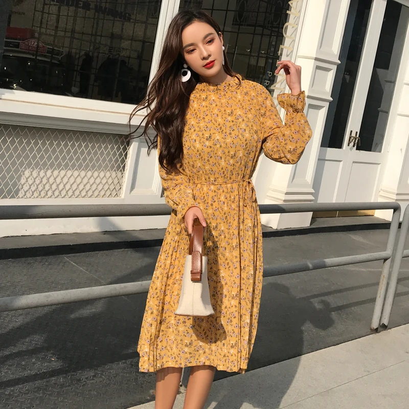 

Весна Стенд воротник с длинным рукавом в горошек трапециевидной формы женское платье с эластичной резинкой на талии женский средней длины ...