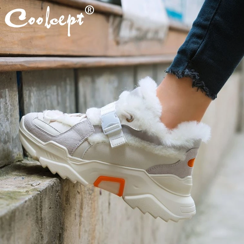 

Coolcept Size 35-42 Real Leather Women Sneakers Fashion Winter Warm Fur Ankle Boot Platform Cross Strap Shoes Woman Footwear