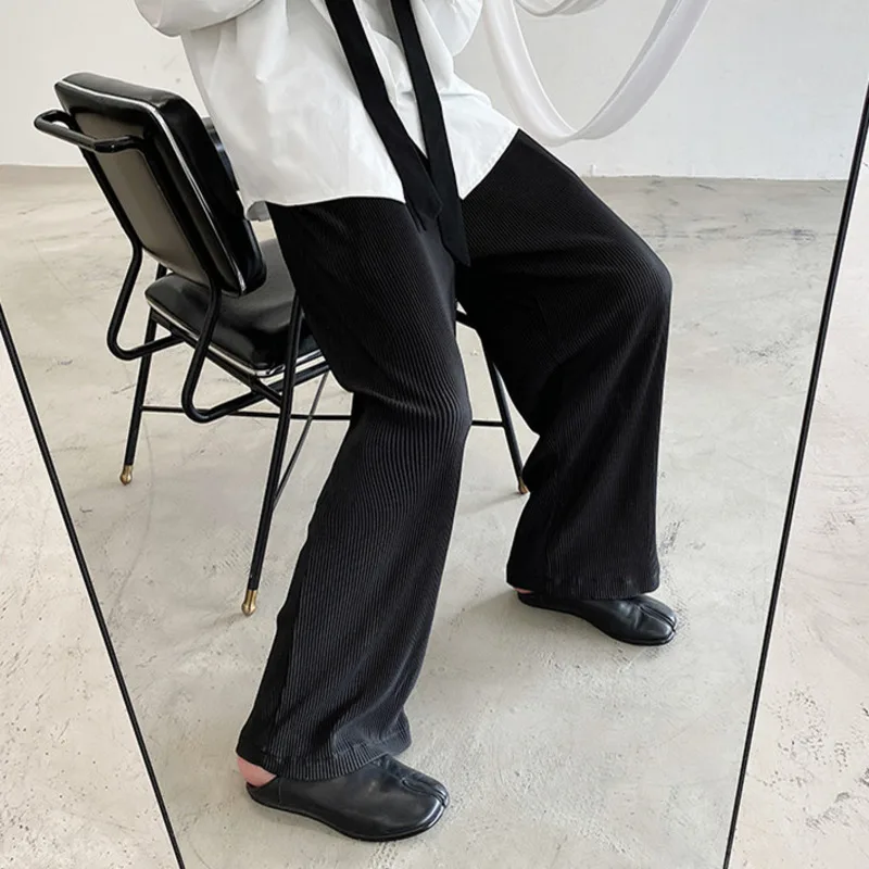 

IEFB Men's Causal Pants Summer 2021 New Breathable Cool High Elastic Waist Pleated Fabric Long Wide Leg Straight Trousers 9Y8102