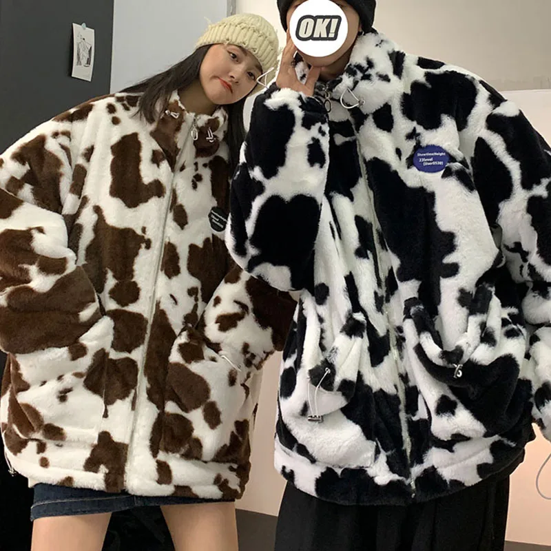 Winter Milk Spot Fur Coat Men Women Fashion Street Thick Warm Jackets Long Sleeve Loose Black White White Coffee Lovers Clothes