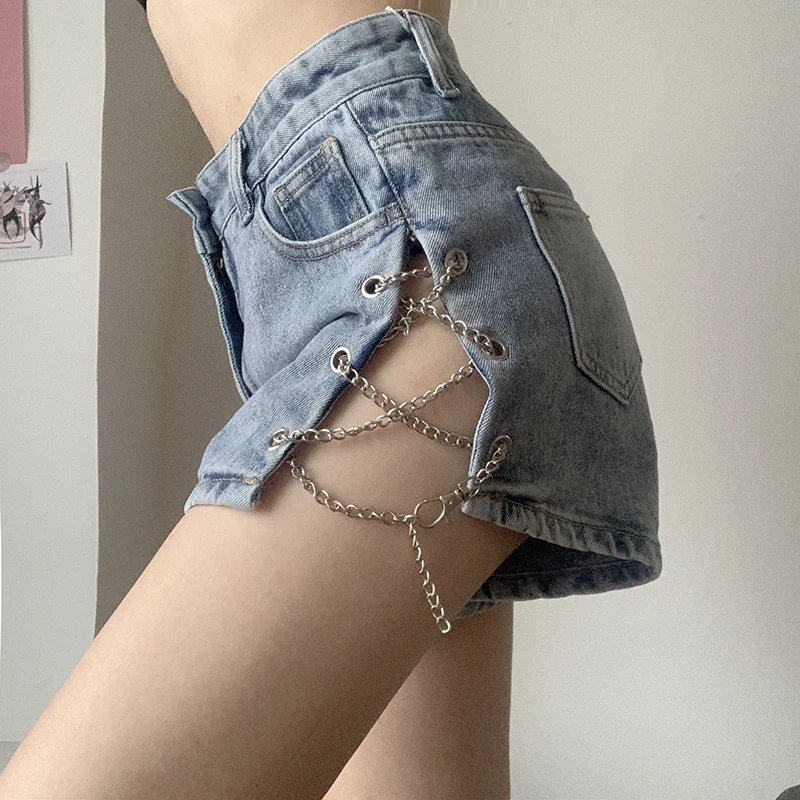 

Summer new side split chain hollow denim shorts women's high waist slim casual pants