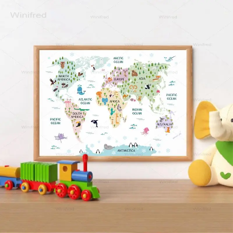 Карта мира плакаты принты пастельный декор для детской комнаты сафари животные