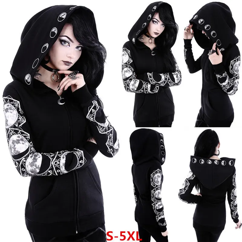 

2021 Black Punk Peng hooded moon printed long sleeve sweater