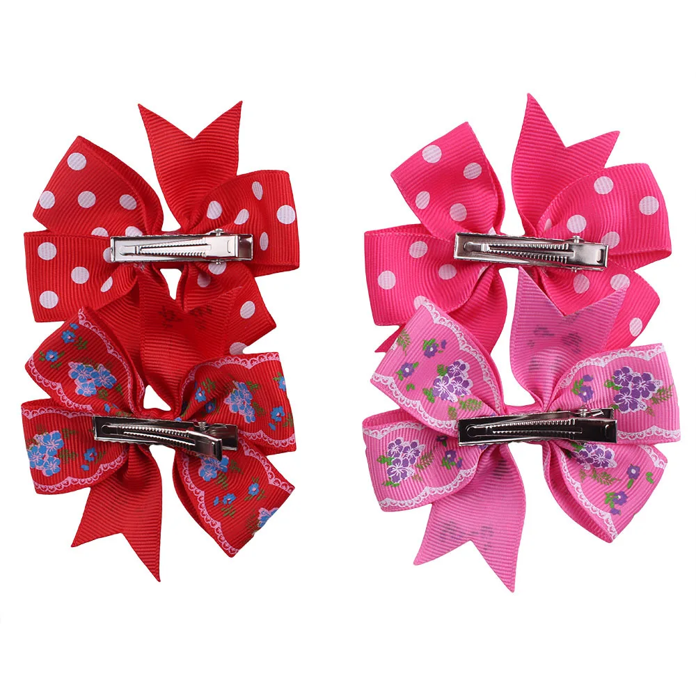 

40Pcs (20 Pairs) Toddlers Baby Girls Clips Polka Dot Flower Print Grosgrain Ribbon Hair Bows With Alligator Hair Clips