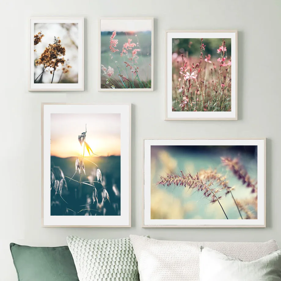 Nordic Wall Art Canvas Painting Spring Pink Flowers And Grass Land Posters Prints Living Room Home Decoration Mural | Дом и сад