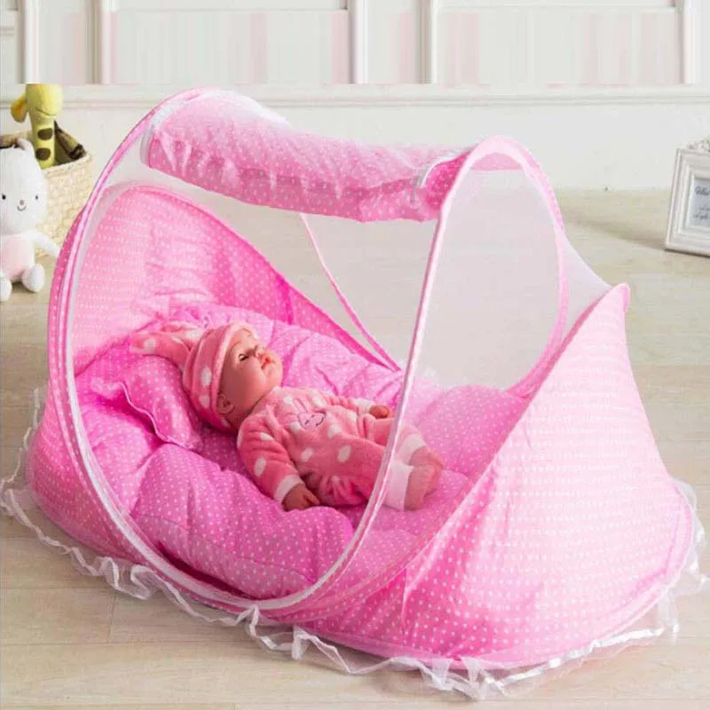 

Dot Pink Baby Crib Net Bed Mattress Cotton Pillow 0-3Y Infants Bed Tent Girls Baby Bed Mosquito Net Foldable Baby Crib Netting