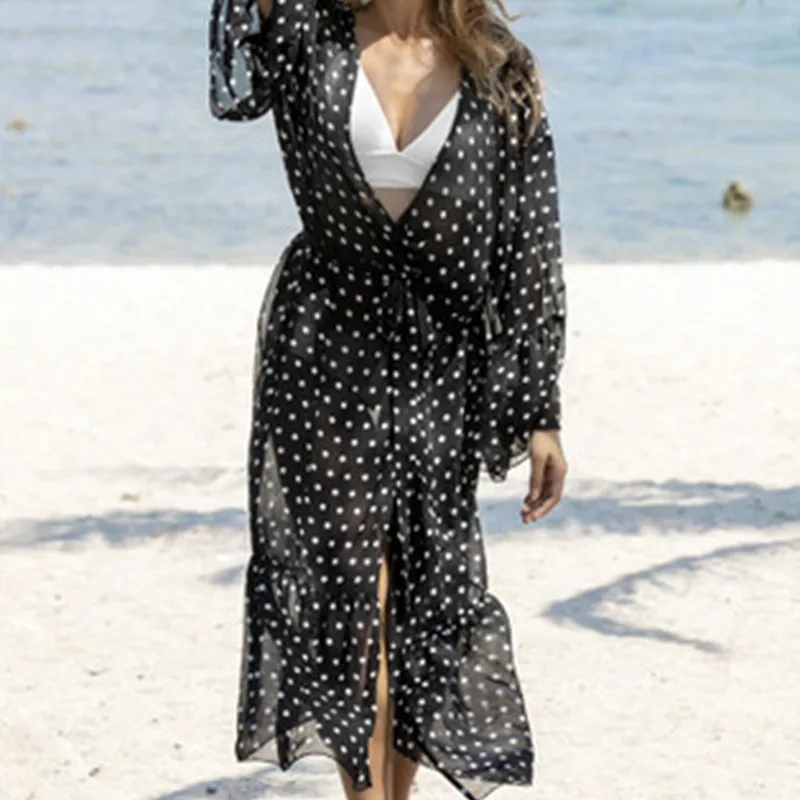 

2021 Women Swimsuit Cover Up Sleeve Beach Tunic Dress Robe De Plage Solid White Cotton Pareo High Collar Beachwear