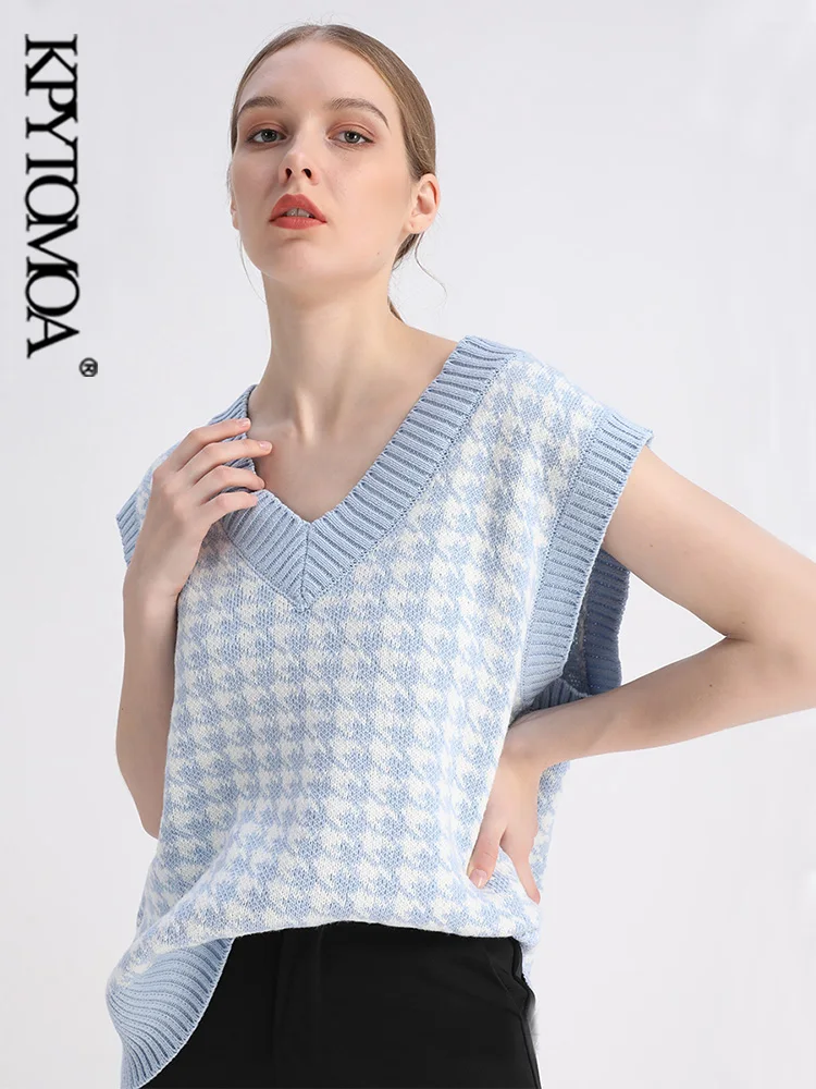 KPYTOMOA Women  Fashion Oversized Houndstooth Knitted Vest Sweater Vintage Sleeveless Side Vents Female Waistcoat Chic Tops