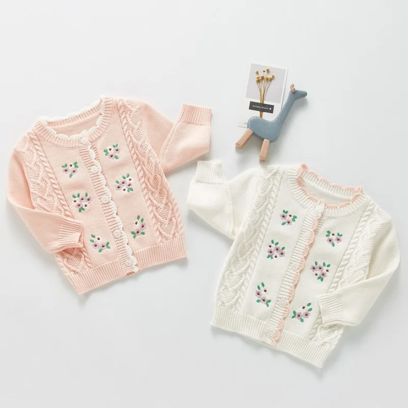 

Вязаный кардиган для маленьких девочек, детская одежда, хлопковый свитер, дизайнерская одежда с цветами, верхняя одежда с длинным рукавом, ...