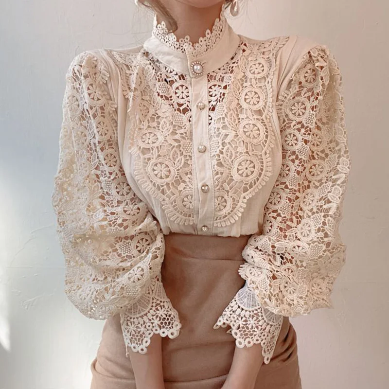 

2021 New Chic Button Hollow Out Flower Lace Patchwork Shirt Stand Collar All-Match Femme Blusas Petal Sleeve Women Blouses
