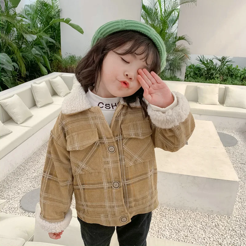 Зимние вельветовые стеганые теплые куртки для девочек из берберского флиса