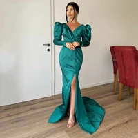green mermaid evening dresses 2022 v neck full sleeve slit button saudi arabian vestido pleat satin special party night gown