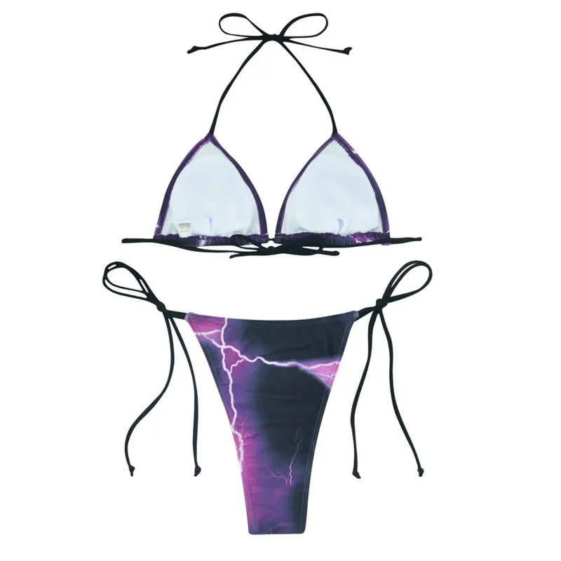 

2021 Summer Womens Fashion Printing 2Pcs Bikini Suit Swimsuits Drawstring Deep V-neck Lace-up Halter Tops with Side Tie Bottoms