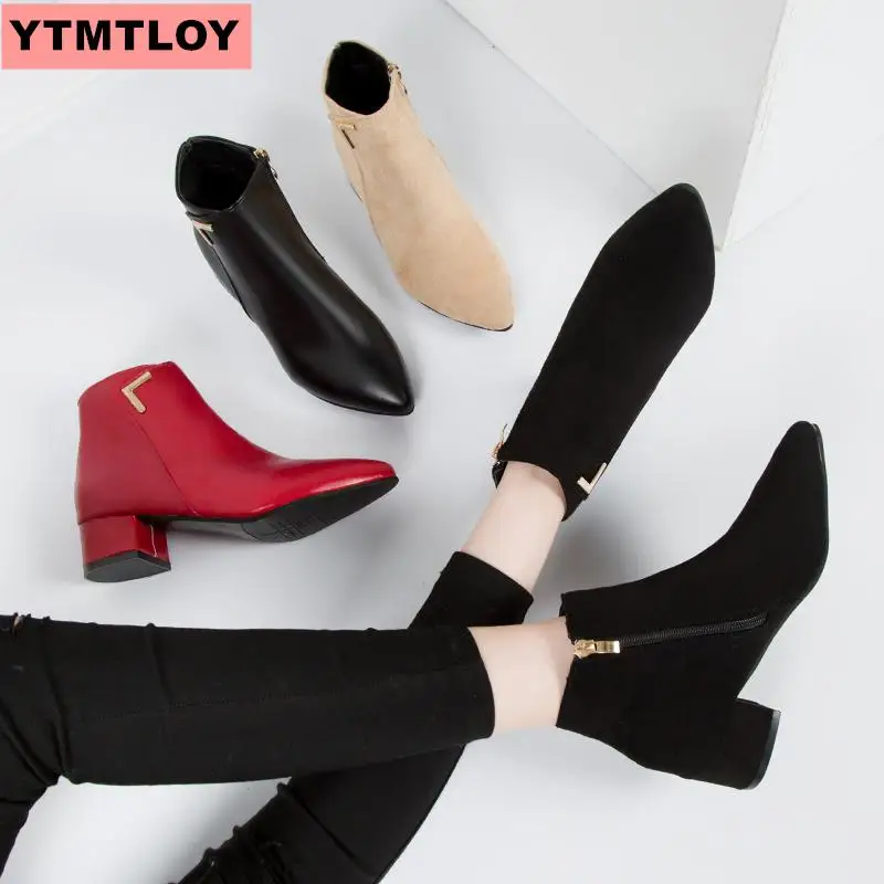 Женские ботинки на низком каблуке красные с острым носком осень и зиму матовые