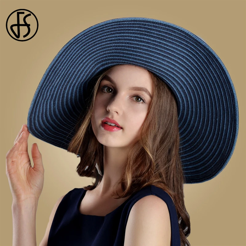 Женская складывающаяся шляпа FS пляжная с широкими полями и цветами голубая или