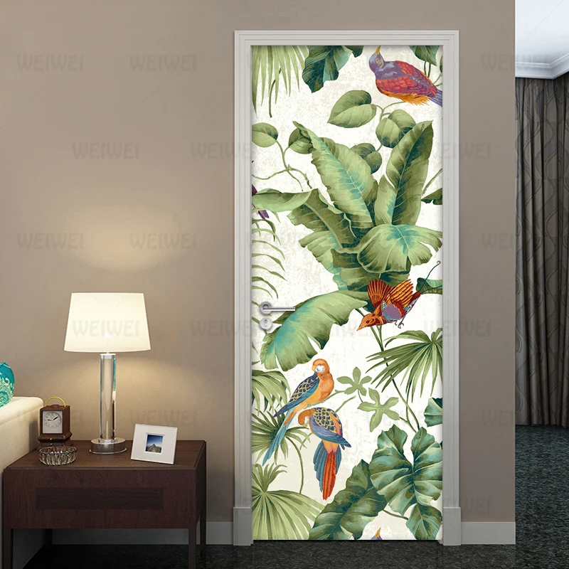 

3D Door Sticker Wallpaper For Living Room Bedroom PVC Waterproof Mural Banana Leaf Bird DIY Self Adhesive Wall Decals Home Decor